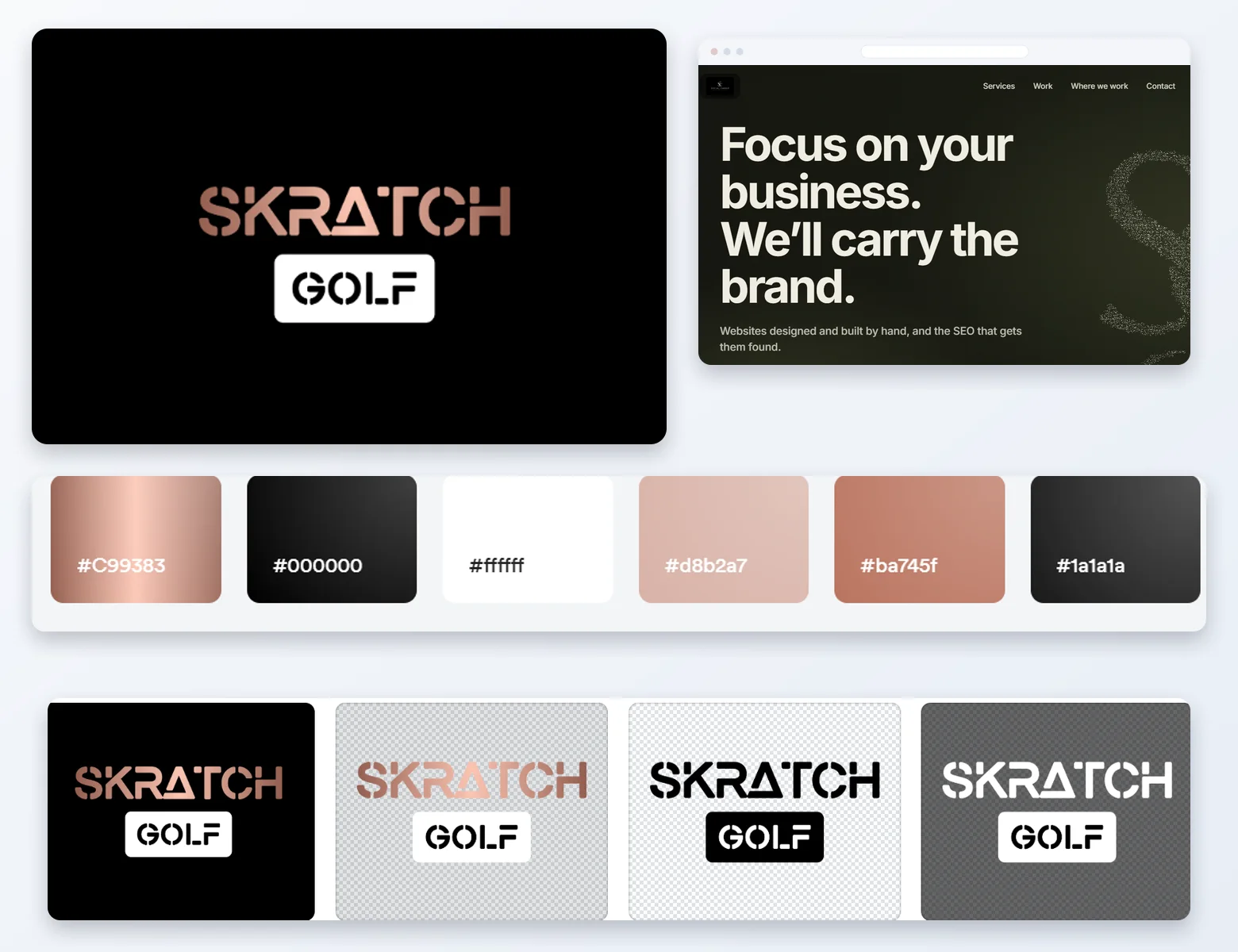 A Skratch Golf wordmark, its colour palette and logo variants, with a Social Caddie website preview.