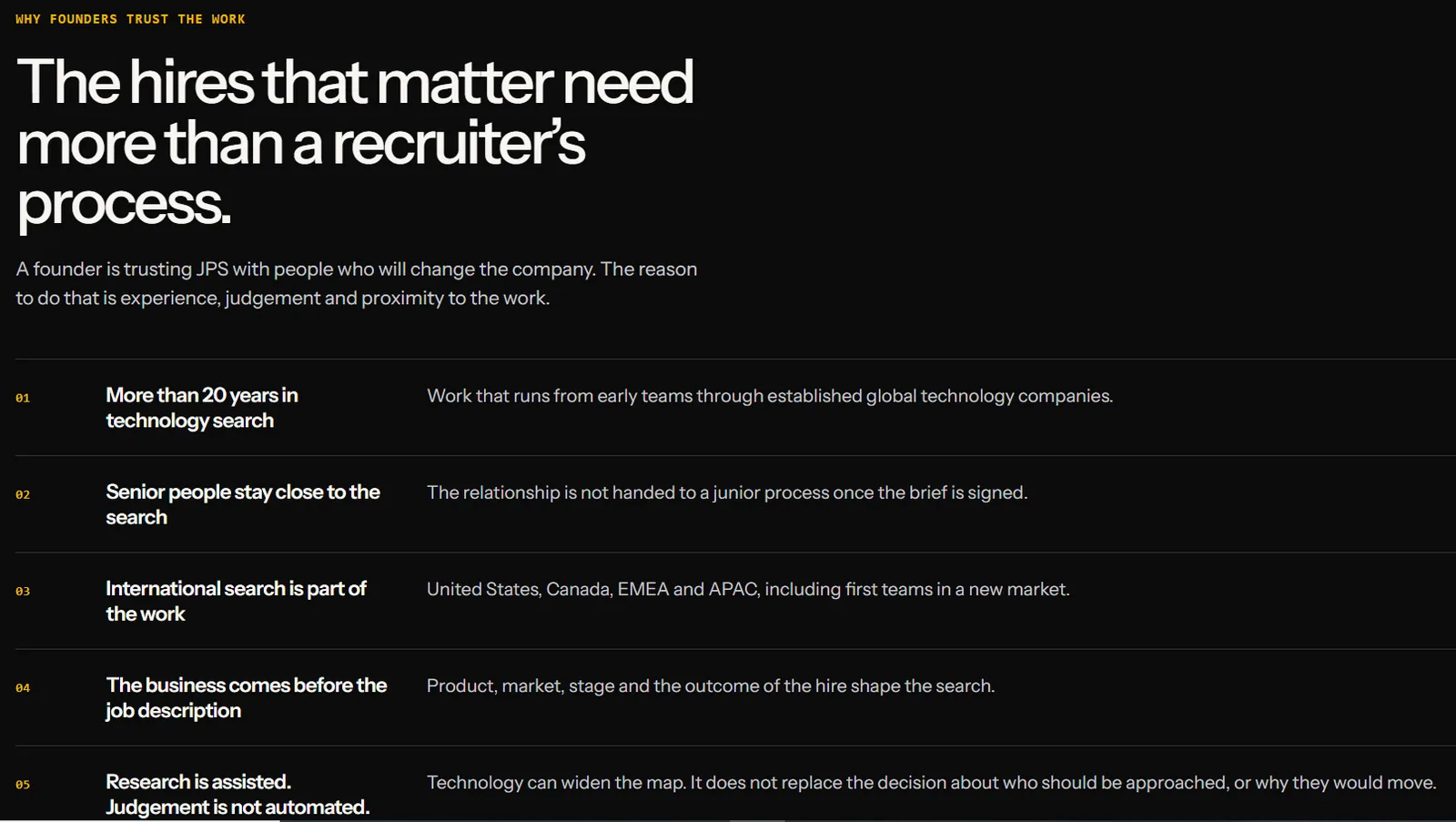 A dark JPS Selection page explaining how the practice approaches a search.