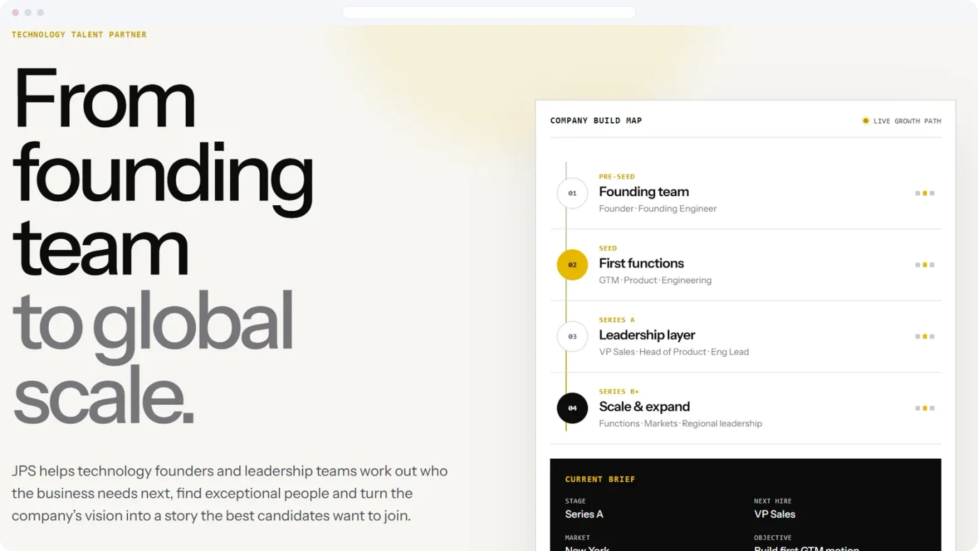 JPS Selection homepage. The headline reads: From founding team to global scale, beside a hiring path.