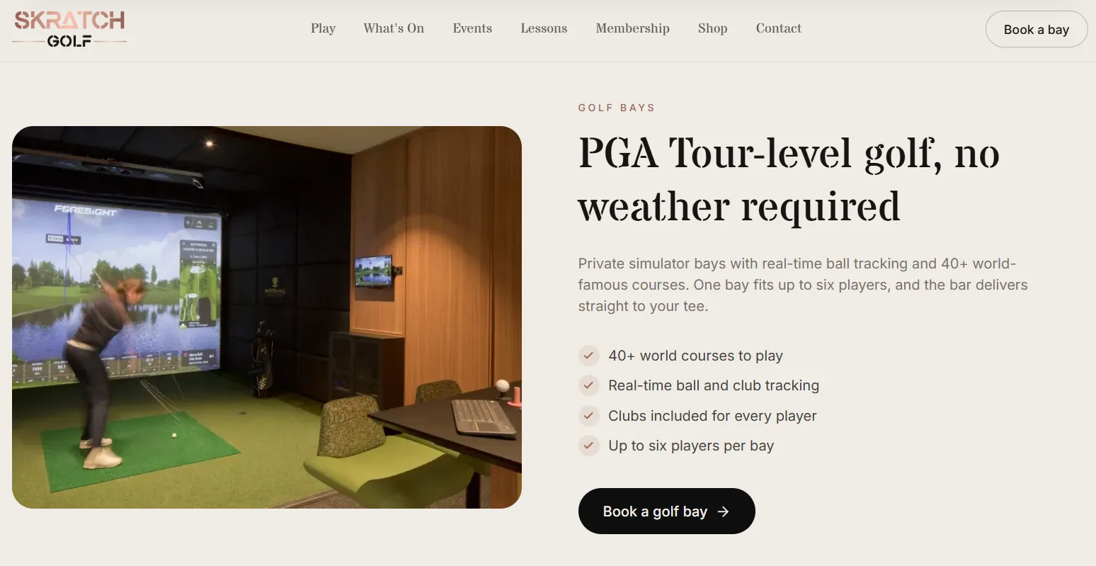 Skratch Golf page describing the simulator bays.
