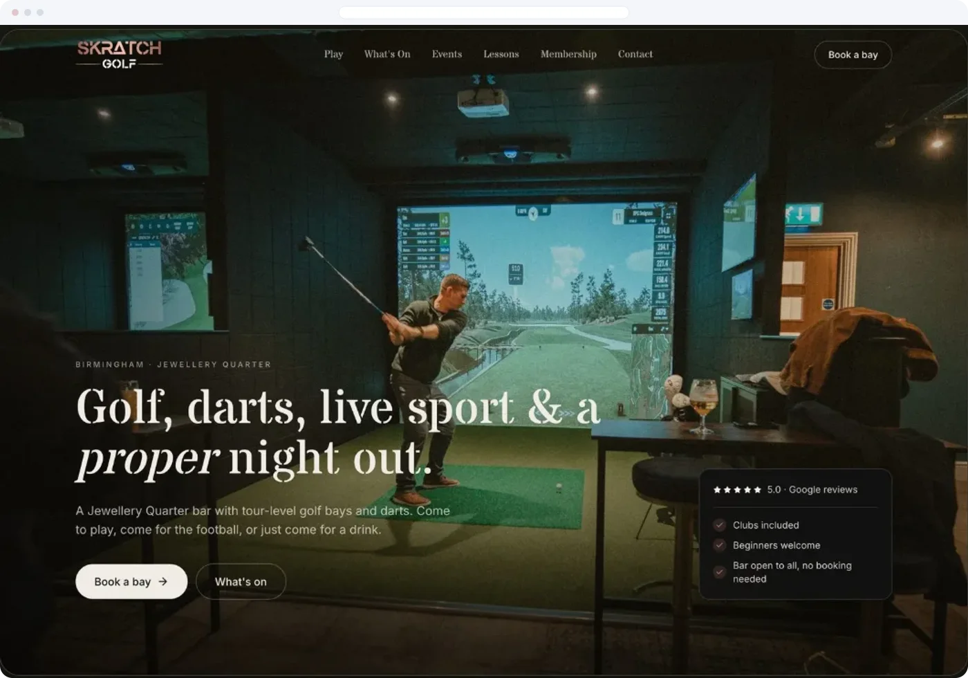 Skratch Golf homepage, with a golf simulator bay and a booking button.