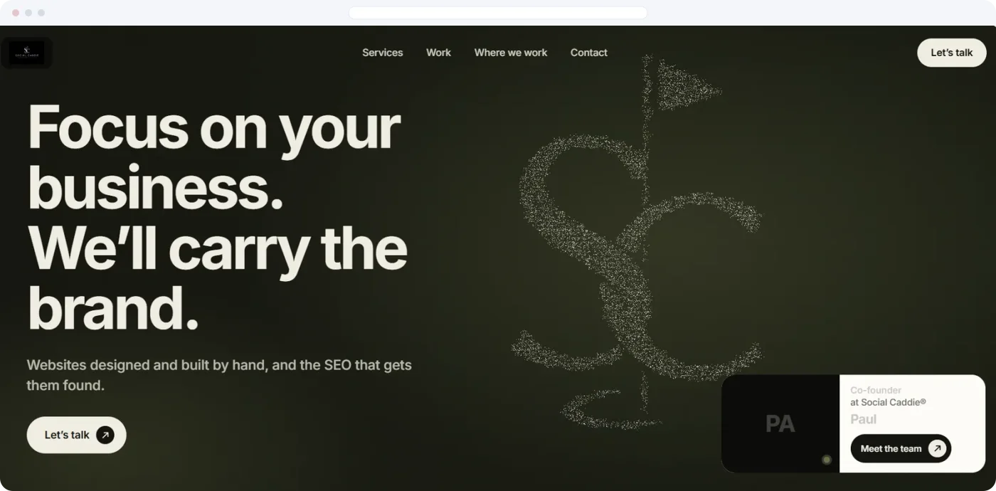 Social Caddie homepage. The headline reads: Focus on your business. We will carry the brand. A dotted monogram sits beside it.