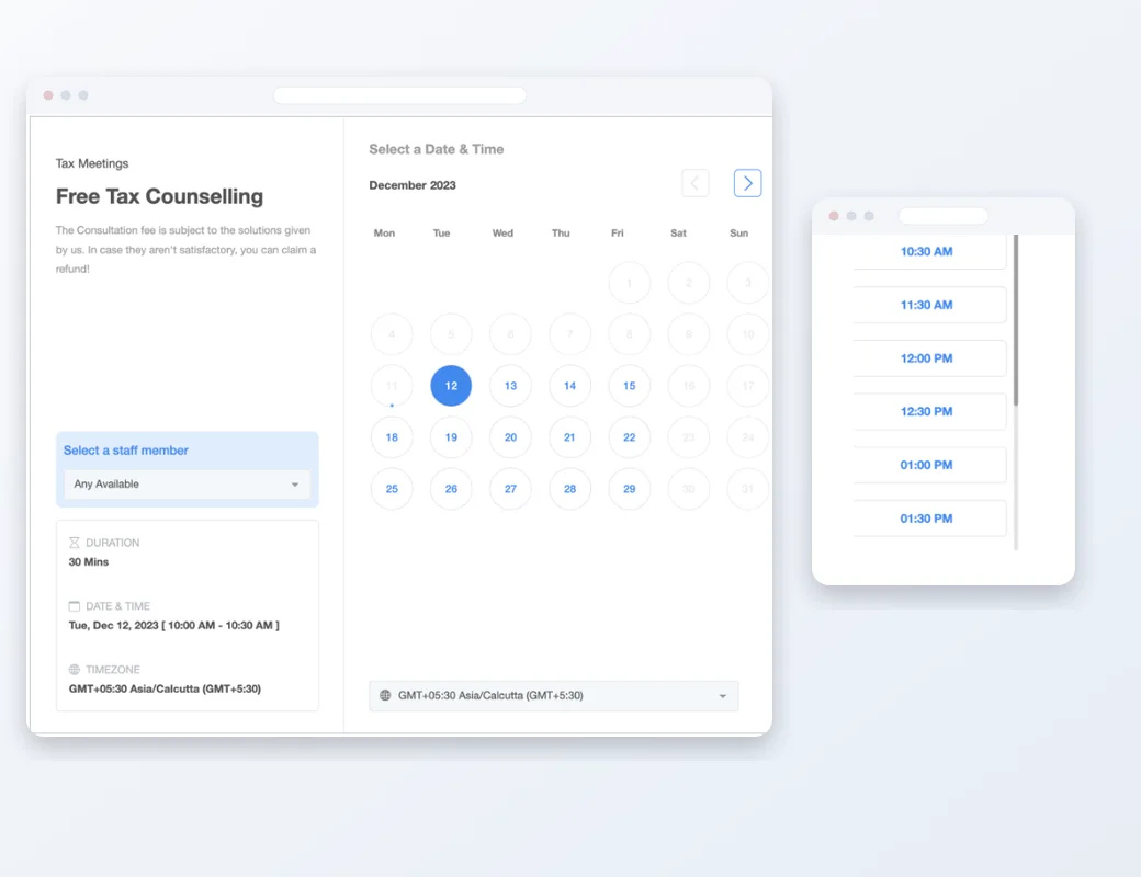 A GoHighLevel booking calendar with available appointment times.