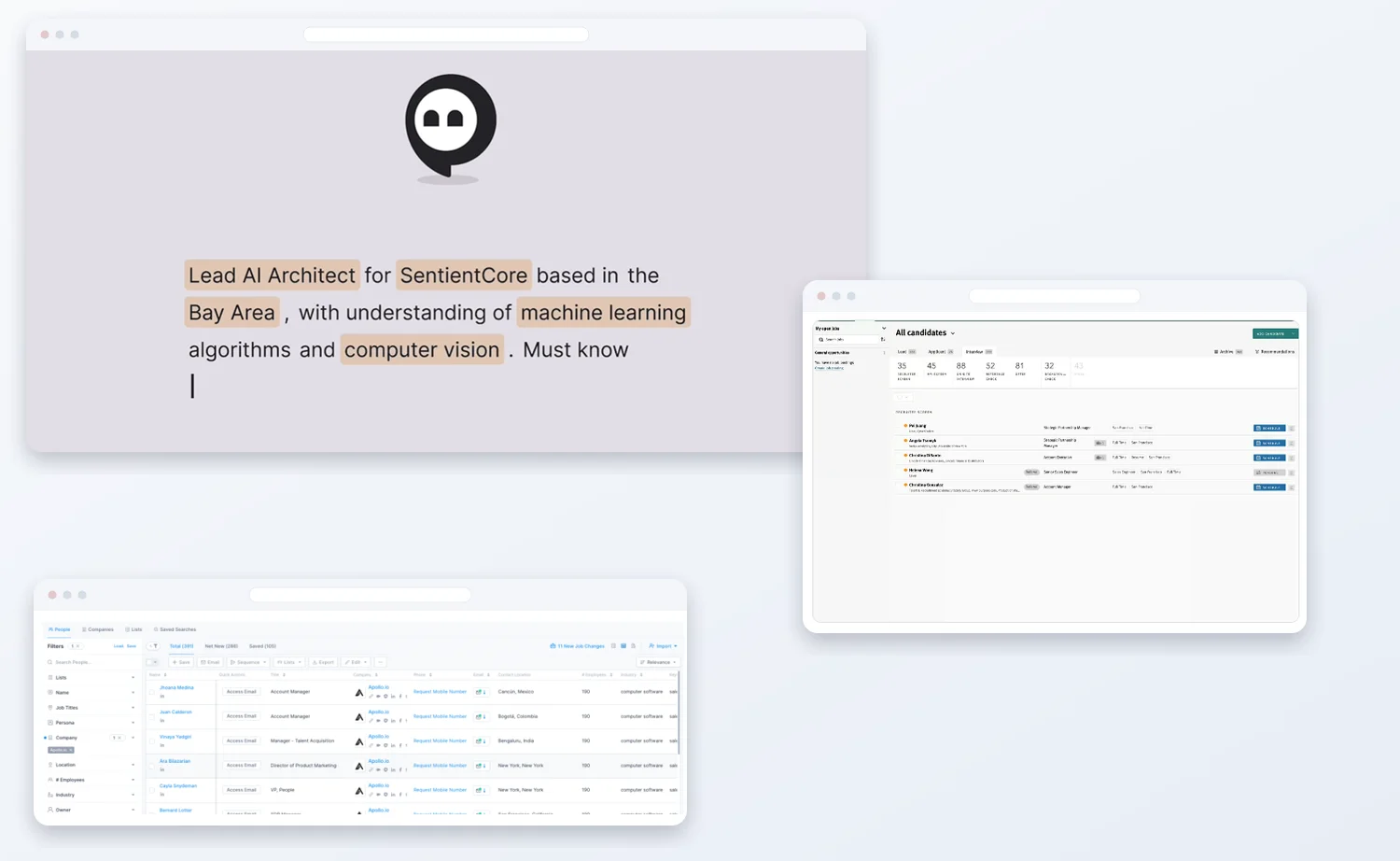A Pin talent search, a Lever candidate list and an Apollo contact search.